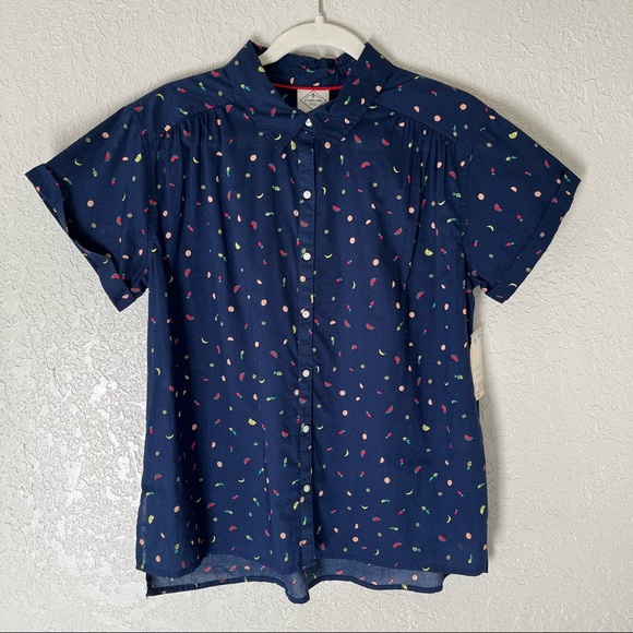St. John’s Bay women’s navy short sleeve button up top, PL, navy/ fruit print - Picture 1 of 5